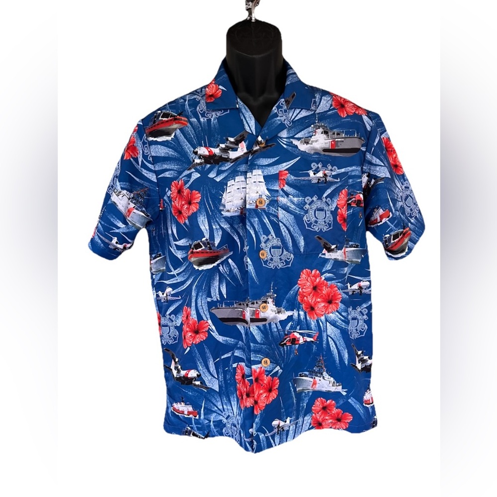 US COAST GUARD Airplane Helicopter Eagle Hawaiian Aloha Shirt Mens Sz Medium USA